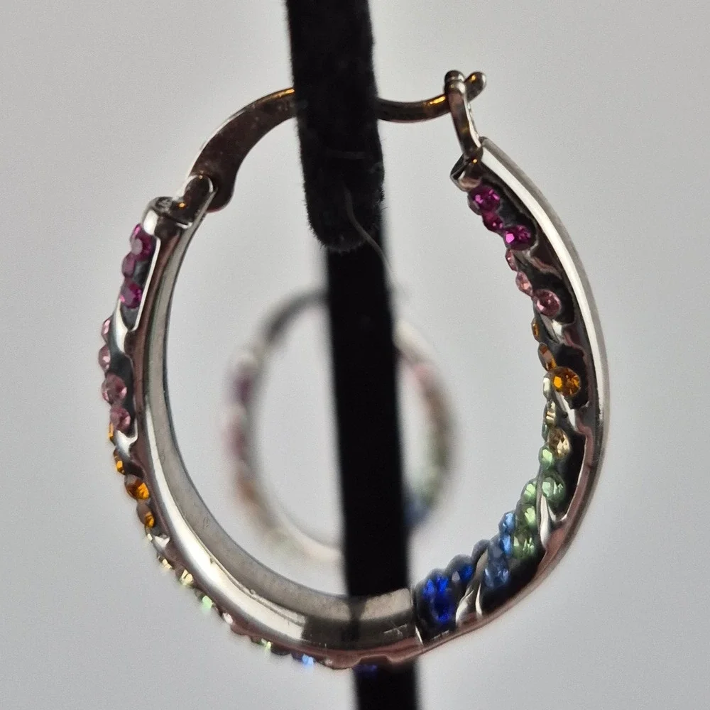 Rainbow CZ Hoop Earrings Set with Adjustable‎ Bolo Bracelet Pride Sparkly Glam